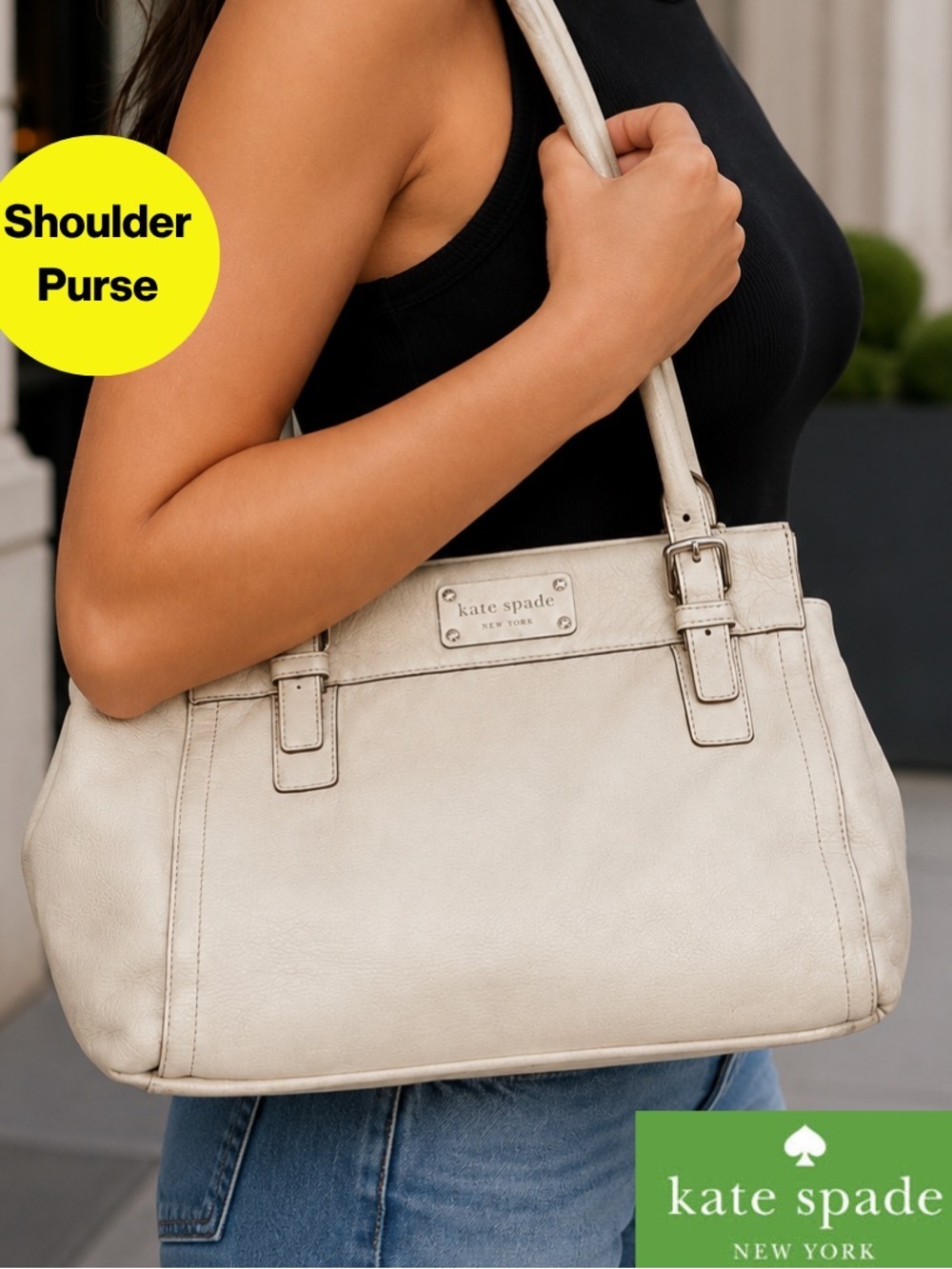 KATE SPADE 🤍 Creamy Leather Shoulder Bag, Interior Polka Dots (Preloved) 9x13”